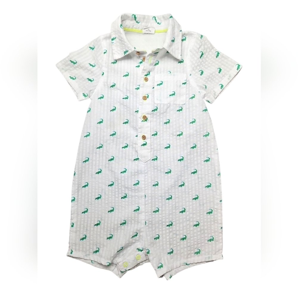 EGG Collective White & Green Dinosaur Print Baby Romper